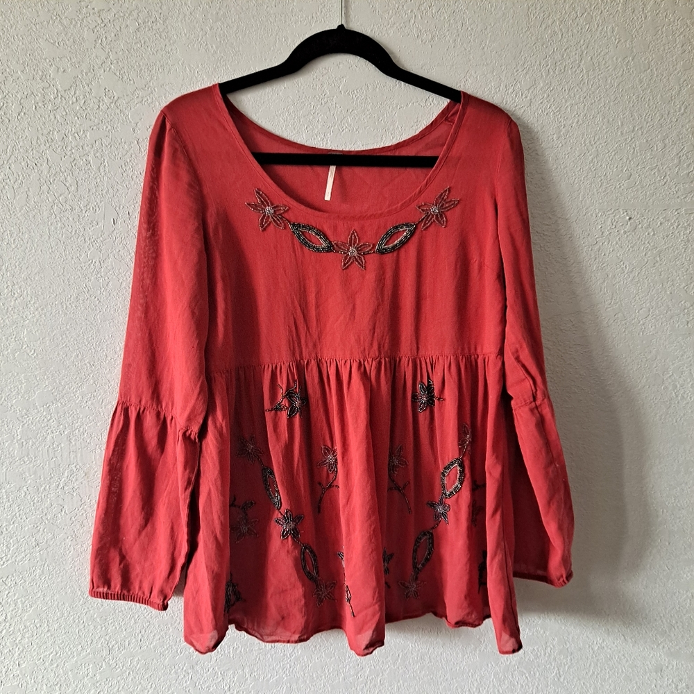 Free People Red Embellished Tunic Blouse